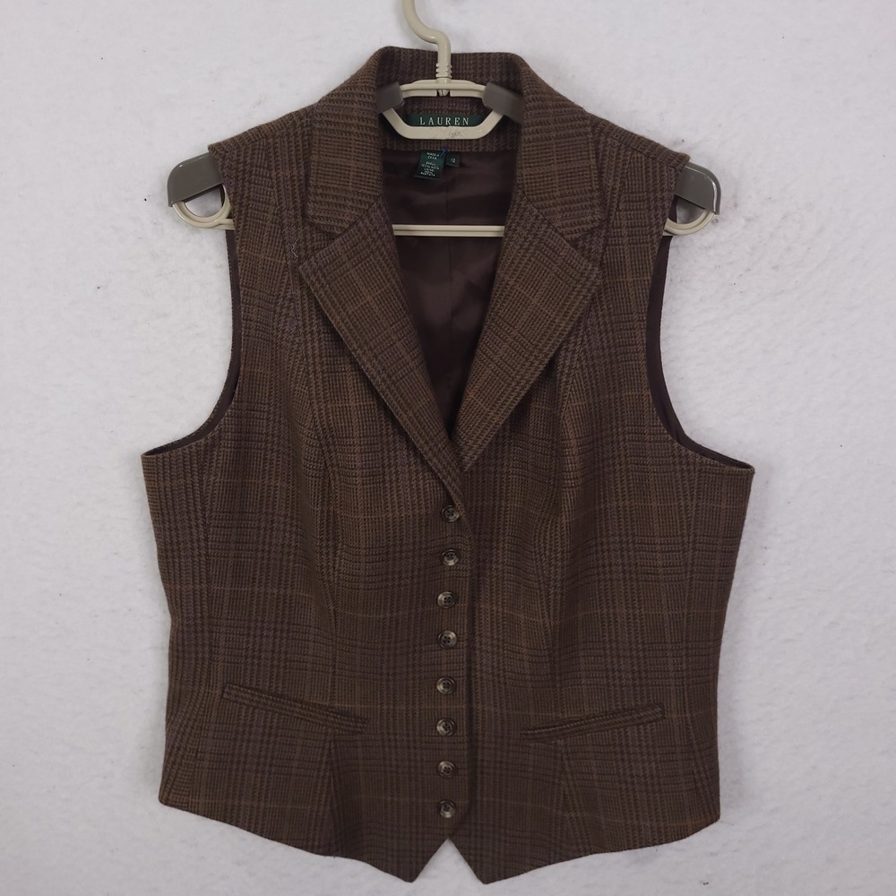 Lauren Ralph Lauren Wool Vest Women 12 Plaid Classic Notched Lapel Tailored